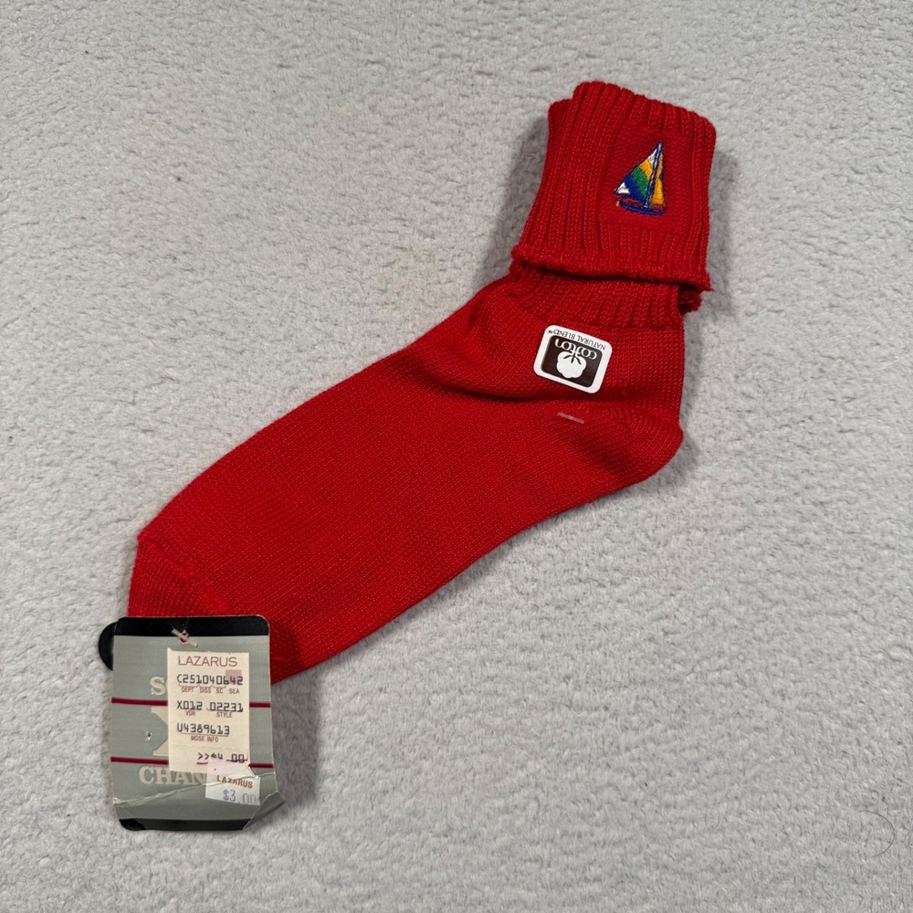 Vintage Crew Socks Womens Size 9-11 Red Sailboat Embroidered NWT Made‎ in USA